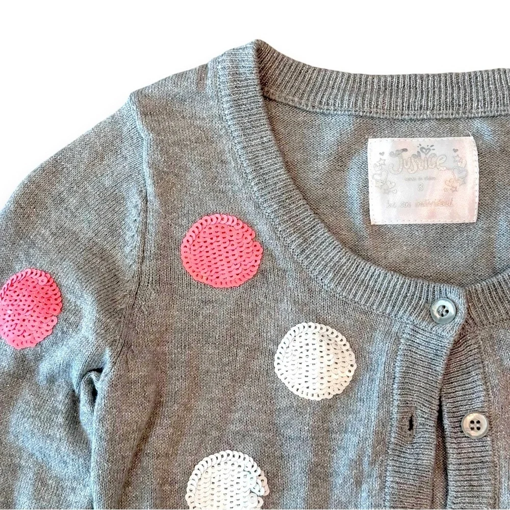 Justice Girls Size 8 Sequin Polka Dot Sparkle Gray Cardigan Sweater